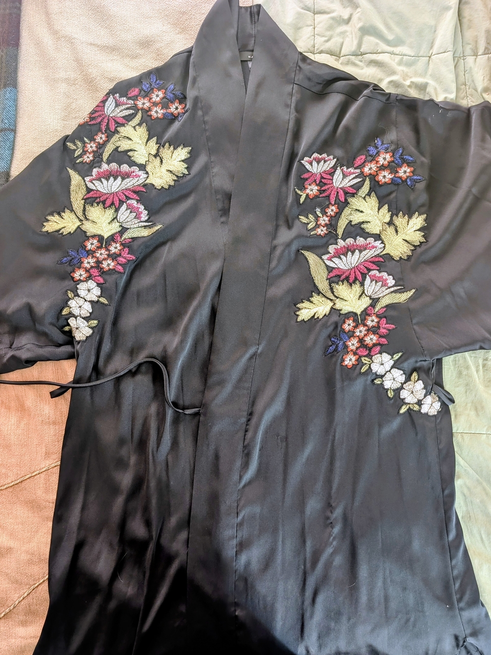 Natori Black Satin Kimono with Multicolor Floral Embroidery